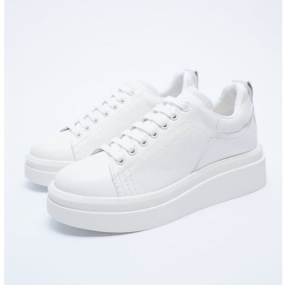 Zara Athletic Leather Lace Up Platform Sneakers Shoes White Size 40 - Picture 2 of 11